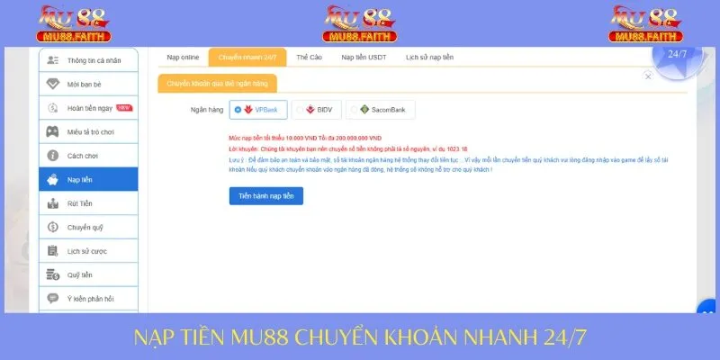 Nạp tiền bằng cách chuyển nhanh 24/7